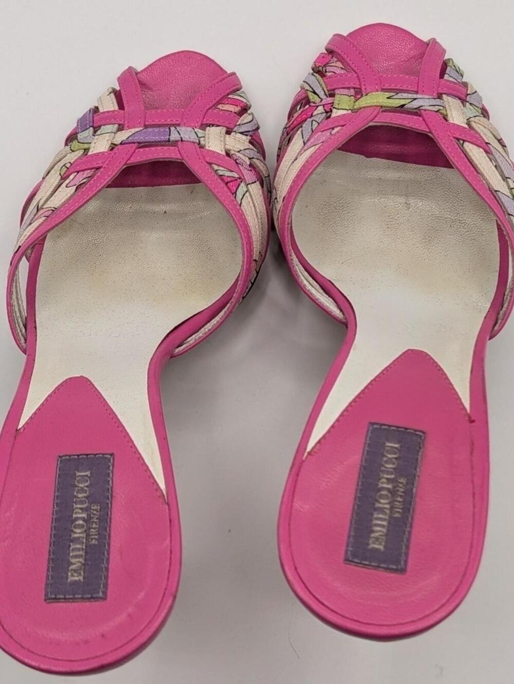 Emilio Pucci 37 EU 6.5 US Pink Leather Floral Kitten Heel Mules Made in Italy - Picture 8 of 13